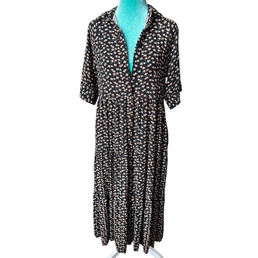 Cottagecore Prairie Ditsy Floral Size Small Collared Tiered Modest Midi Dress
